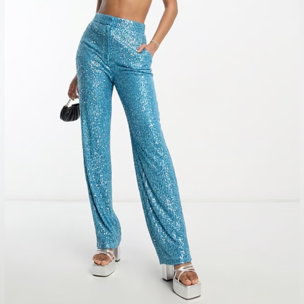 ASOS Tall straight sequin ankle grazer trousers in Turquoise-Blue, Size US12